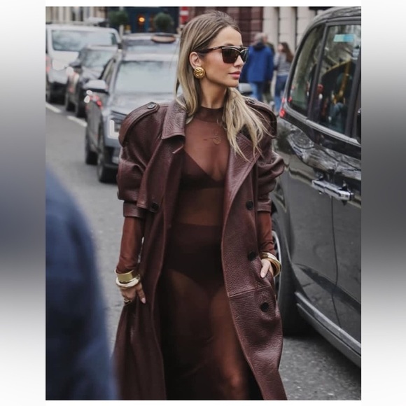 en cuir Jackets & Blazers - En Cuir Pebbled Leather Trench in Brown / Burgundy 100% Leather VERY OVERSIZED